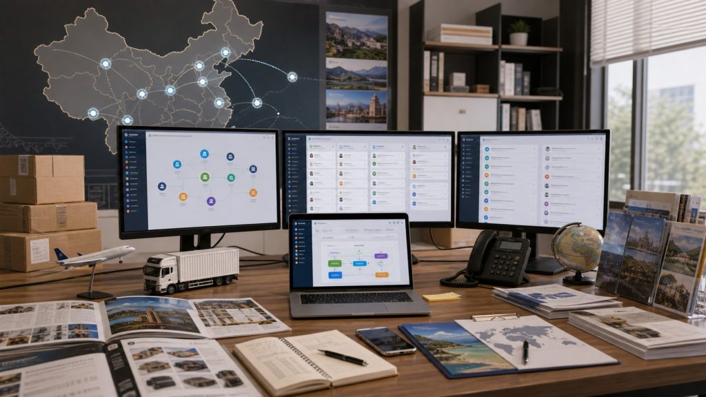 AI CRM 统一承接外贸和入境游线索的试点模型概念图
