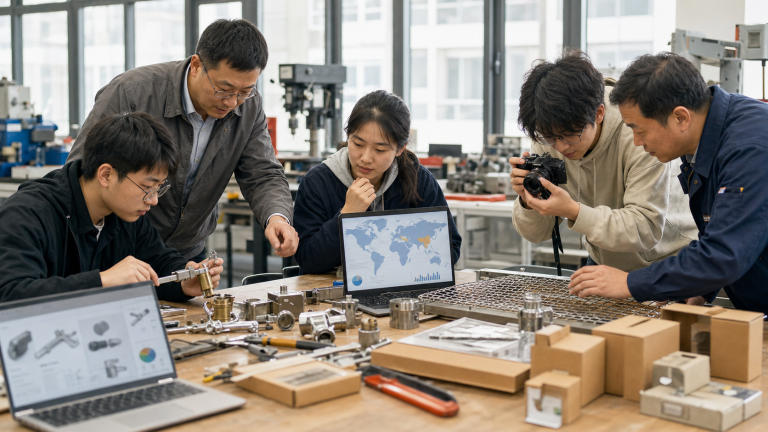 不同专业大学生在教师和企业导师指导下研究工业样品与海外市场的场景图