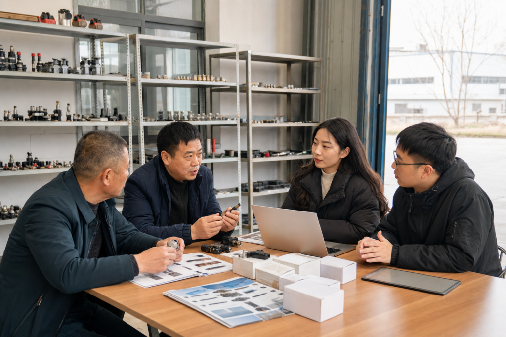 工厂人员与 AI 外贸运营者围绕产品样品交流