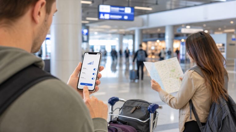 海外游客入境后使用 eSIM 上网服务的场景图