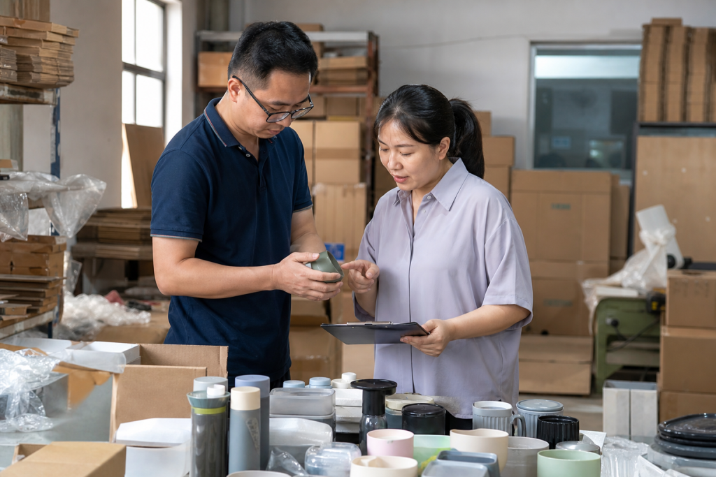 工作人员在仓库中核对产品与供应链需求