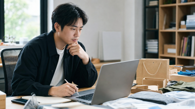 一人公司创业者在工作台前处理产品与客户需求