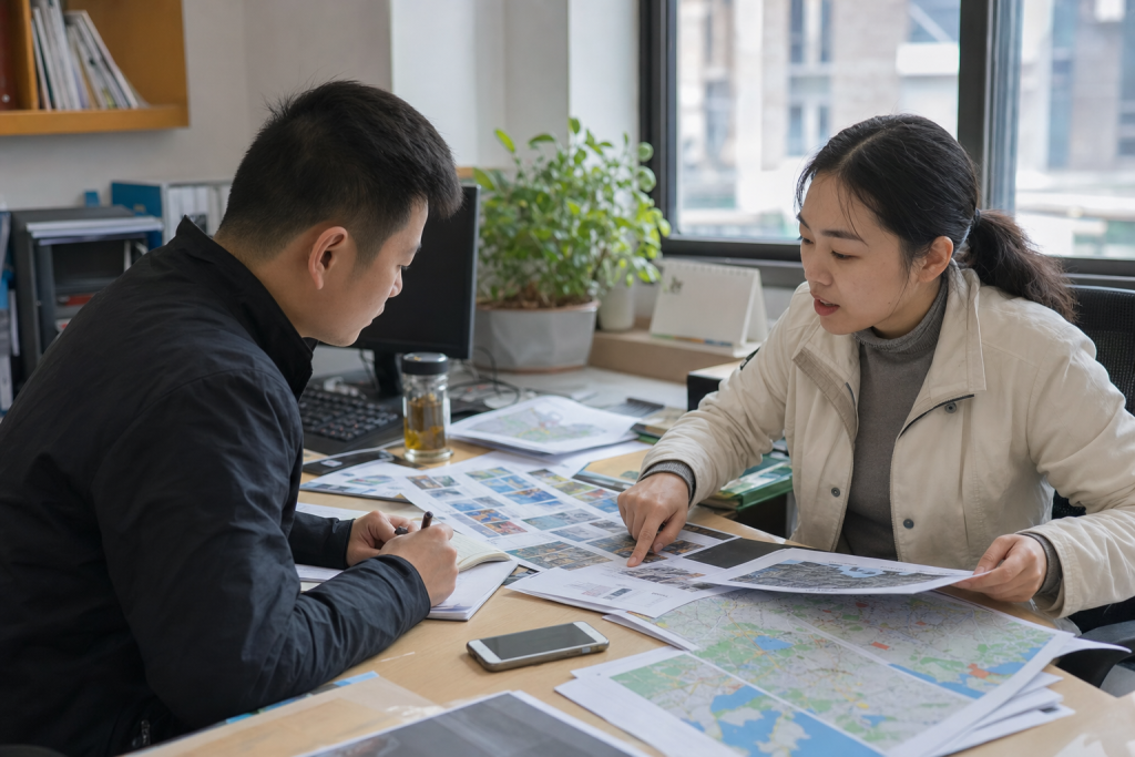 工作人员核对旅游服务资料与客户安排