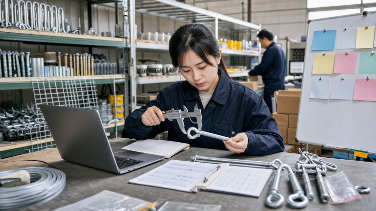 OPC运营者在工厂样品间围绕产品资料、海外市场和客户任务工作的场景图