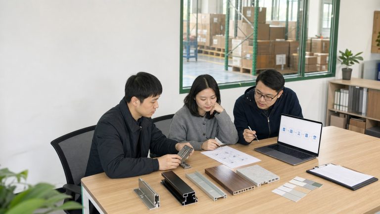 中小外贸团队围绕少量产品和一条流程进行验证的写实场景示意图
