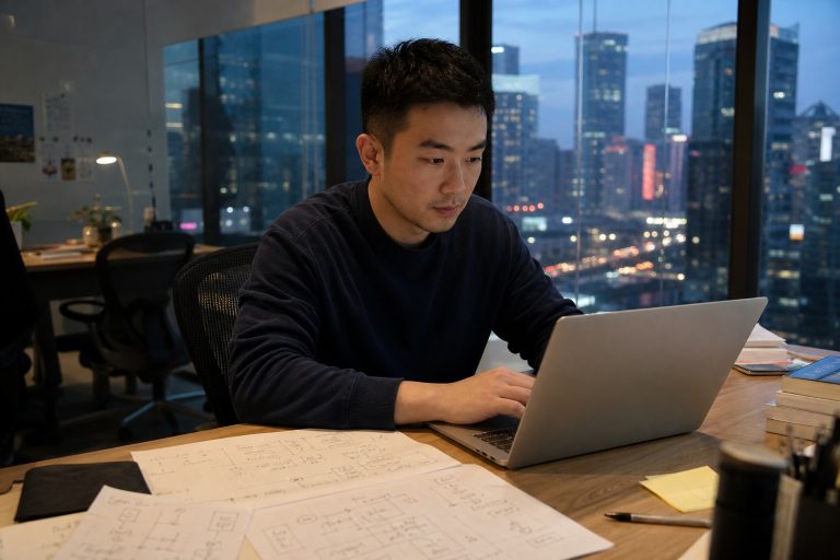 北京互联网工作者在夜晚办公室梳理产品和运营流程的场景