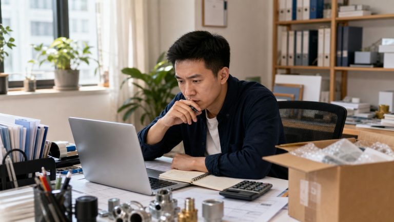 外贸业务员在家中办公室评估询盘、产品和创业条件