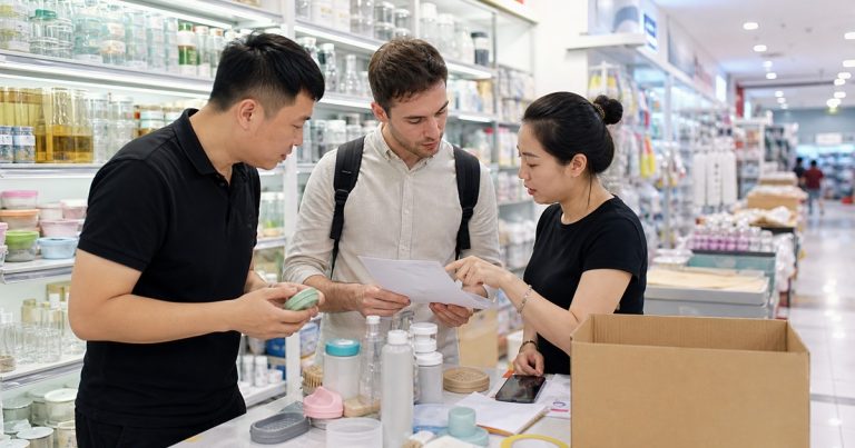 义乌采购代理在市场核对样品与采购资料
