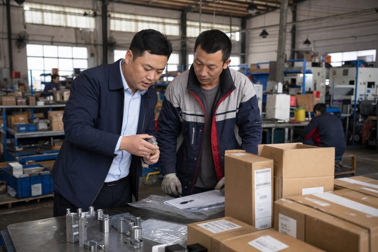 县域外贸运营人员在工厂核对产品与出口包装