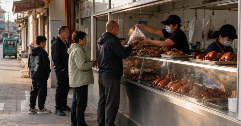 县城实体店的熟食套餐与排队消费场景