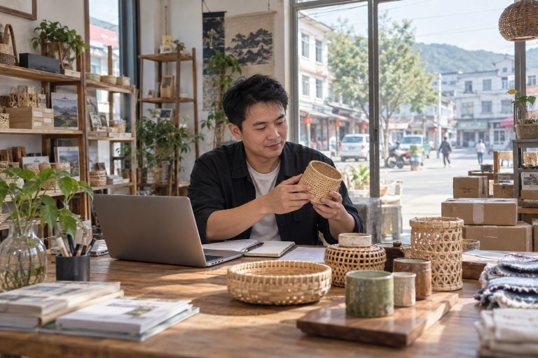 县域创业者在本地店铺查看手工产品并使用电脑整理经营资料