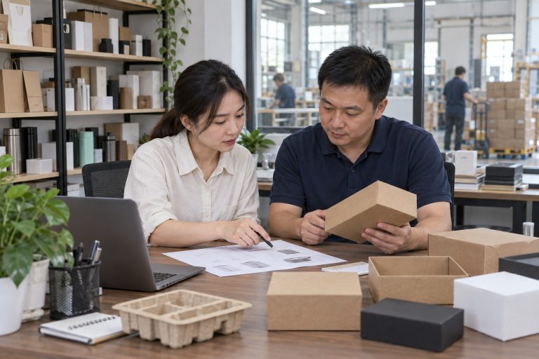 外贸团队在工厂办公区讨论包装样品与产品规格