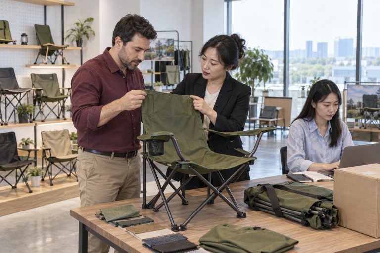 外贸人员与海外采购商在展厅核对露营椅样品、材质和产品资料