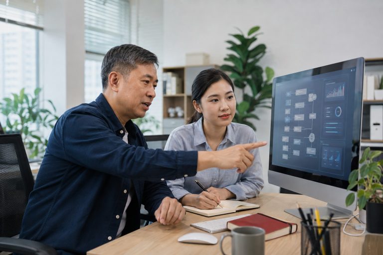 有经验的从业者与同事借助AI梳理业务流程